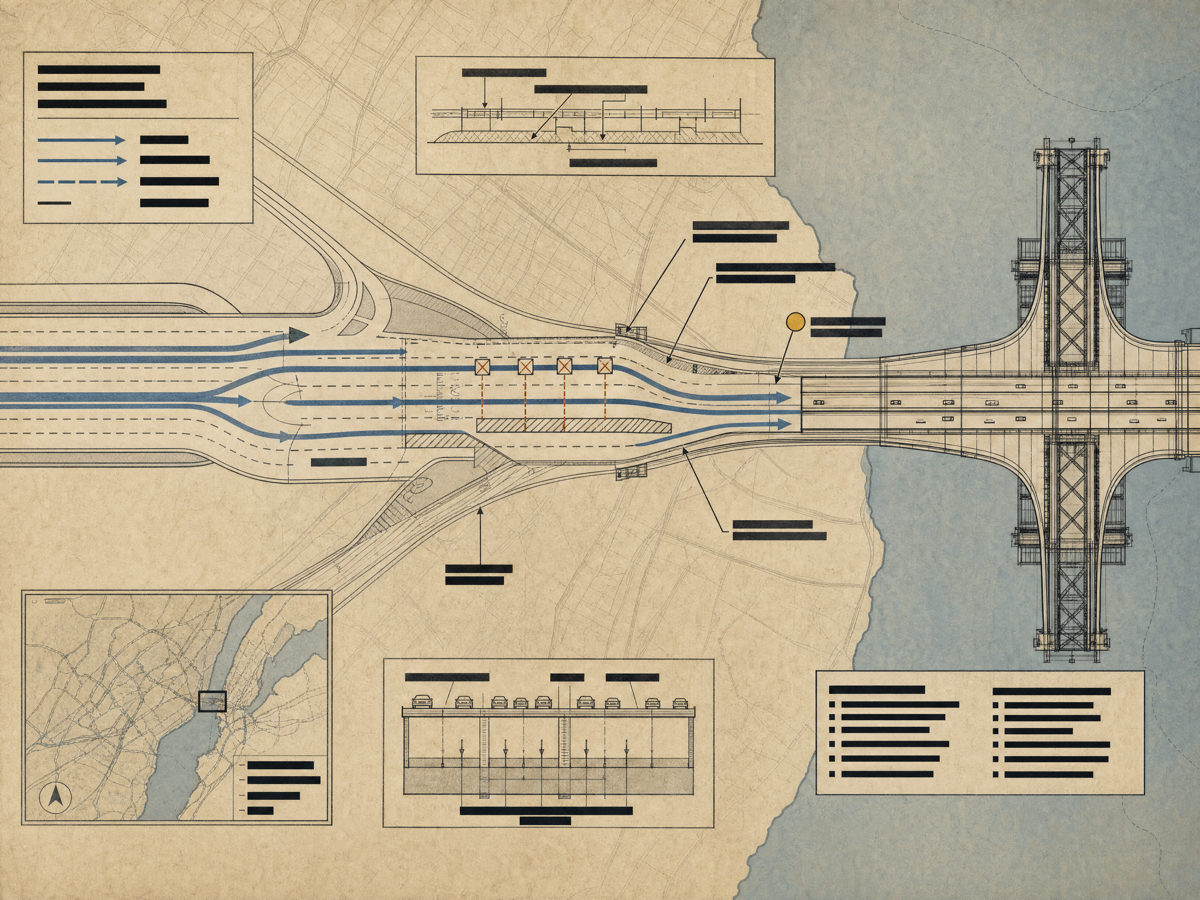 Fort Lee bridge lane and routing power plate showing narrowed lanes and traffic control arrows