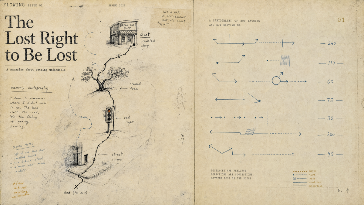 Memory cartography plate with breakfast shop, crooked tree, red light, street corner and route notes