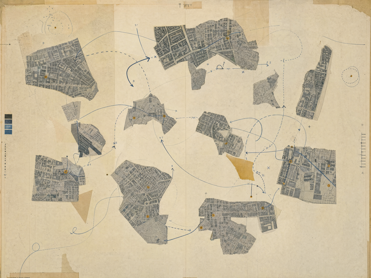 Psychogeographic collage of city fragments connected by drifting arrows