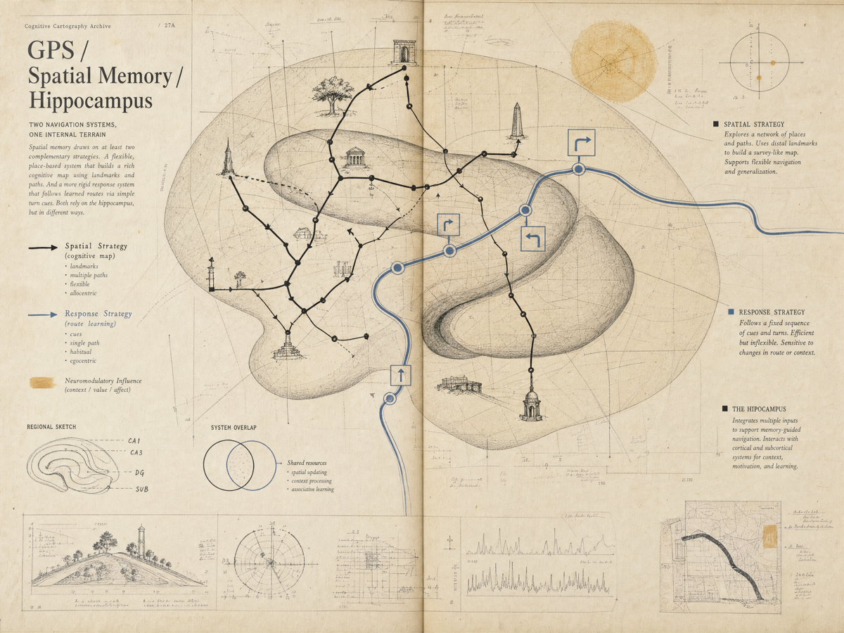 Spatial memory and hippocampus diagram contrasting landmark-rich navigation with GPS route cues