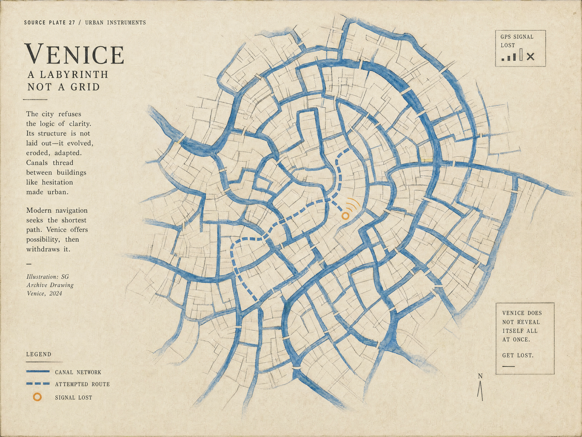 Venice canal maze plate with waterways, attempted route, and signal lost mark