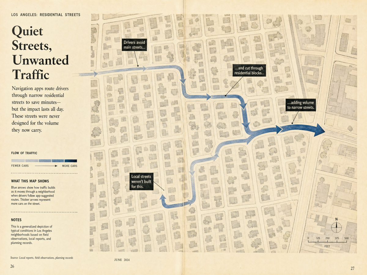Los Angeles residential street routing plate showing blue traffic arrows through quiet streets